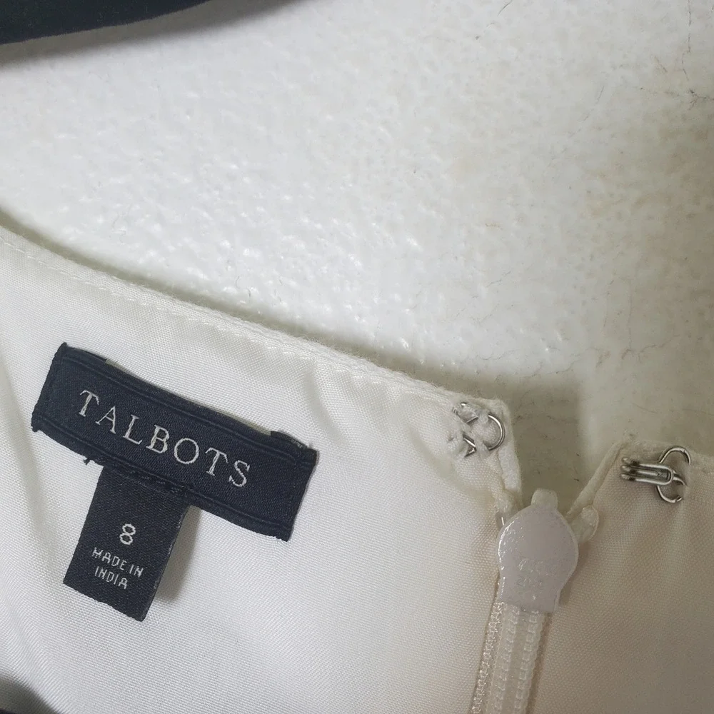 Talbots Cream White Cotton Embroidered Sheath Dress Size 8 Black Border‎